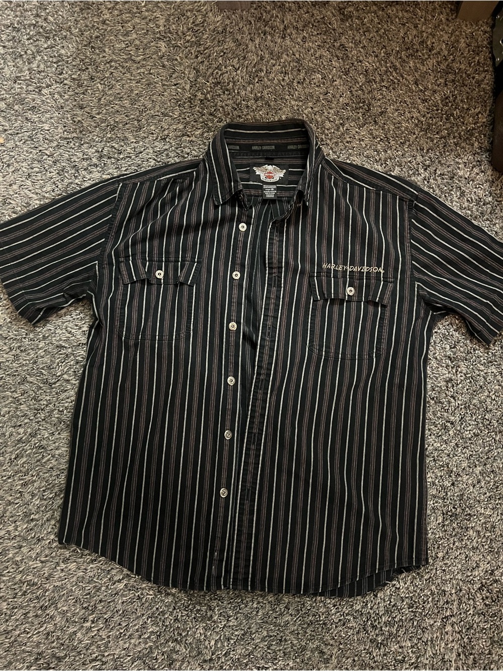 Vintage Harley-Davidson Black Pinstripe Short-Sleeve Button-Down Shirt